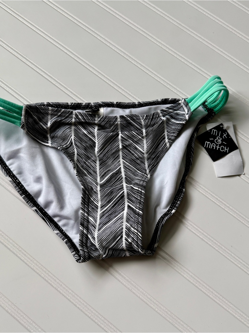 Empyre Black Feather-Print Bikini Bottom with Mint Straps